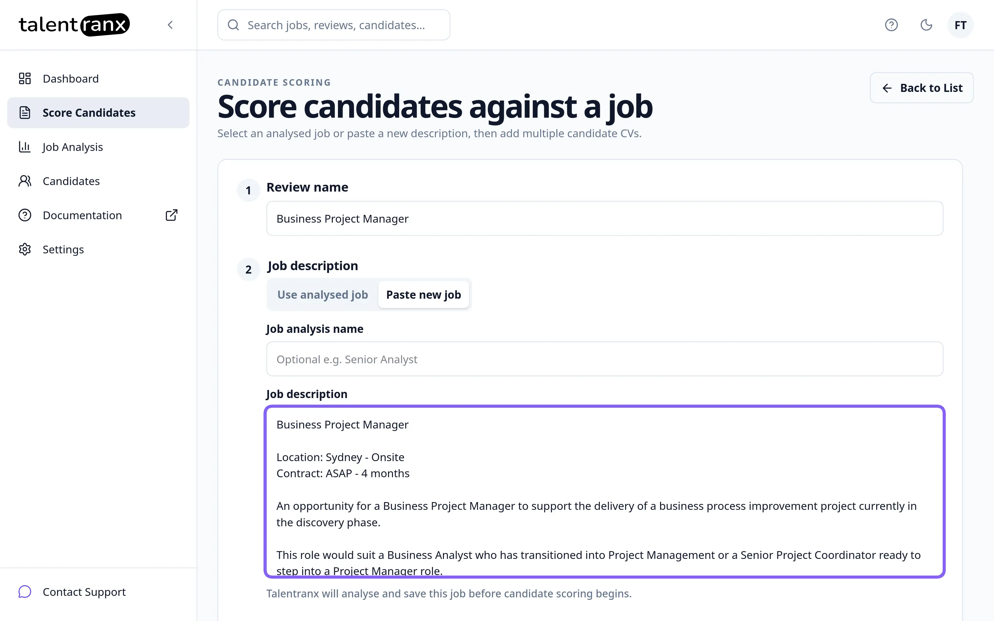 Resume scoring job text paste
